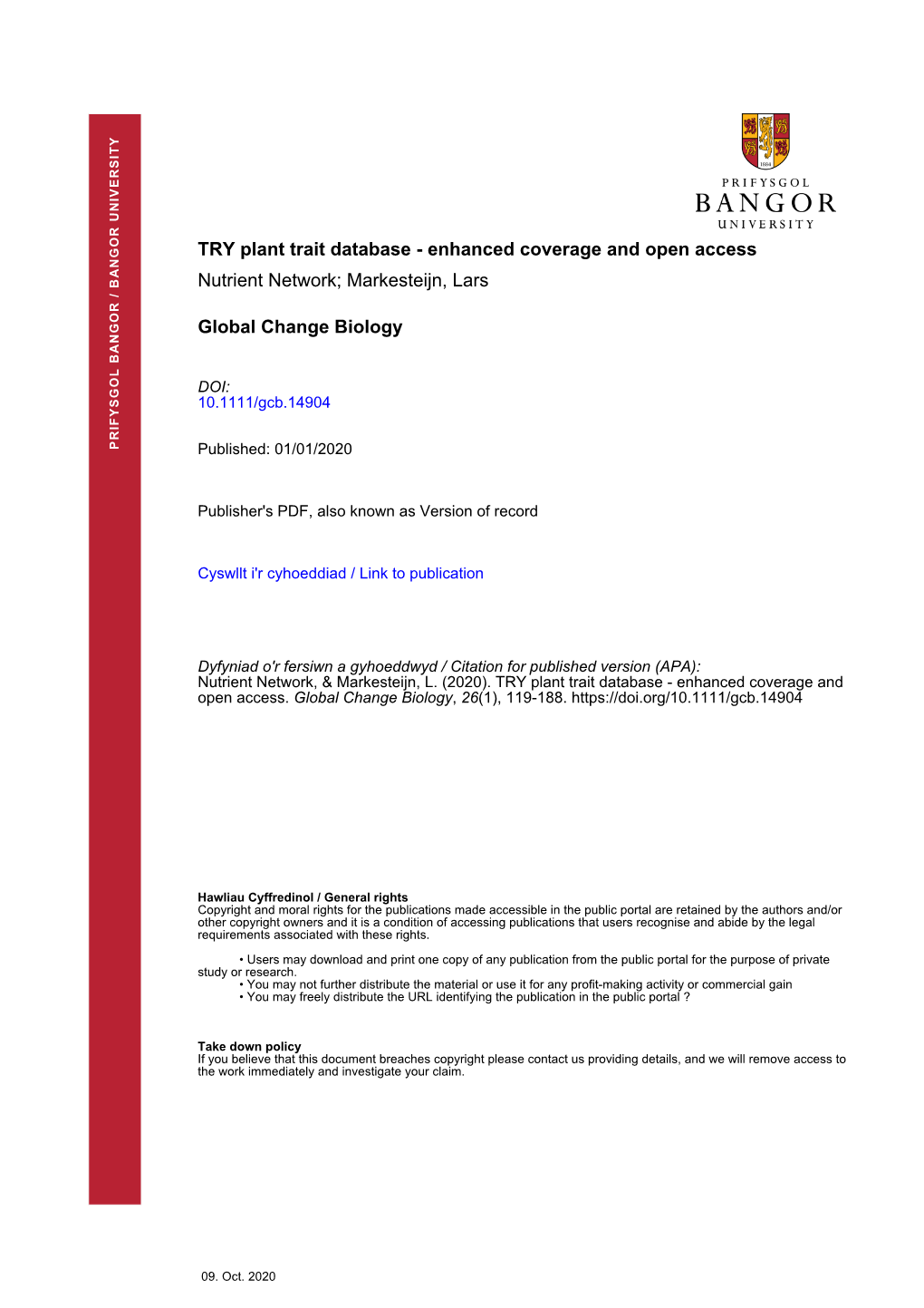 TRY Plant Trait Database &#X2013; Enhanced Coverage and Open Access