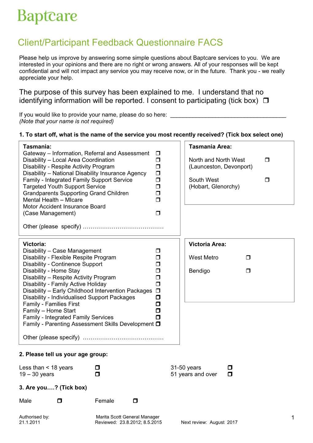 Client/Participant Feedback Questionnaire FACS