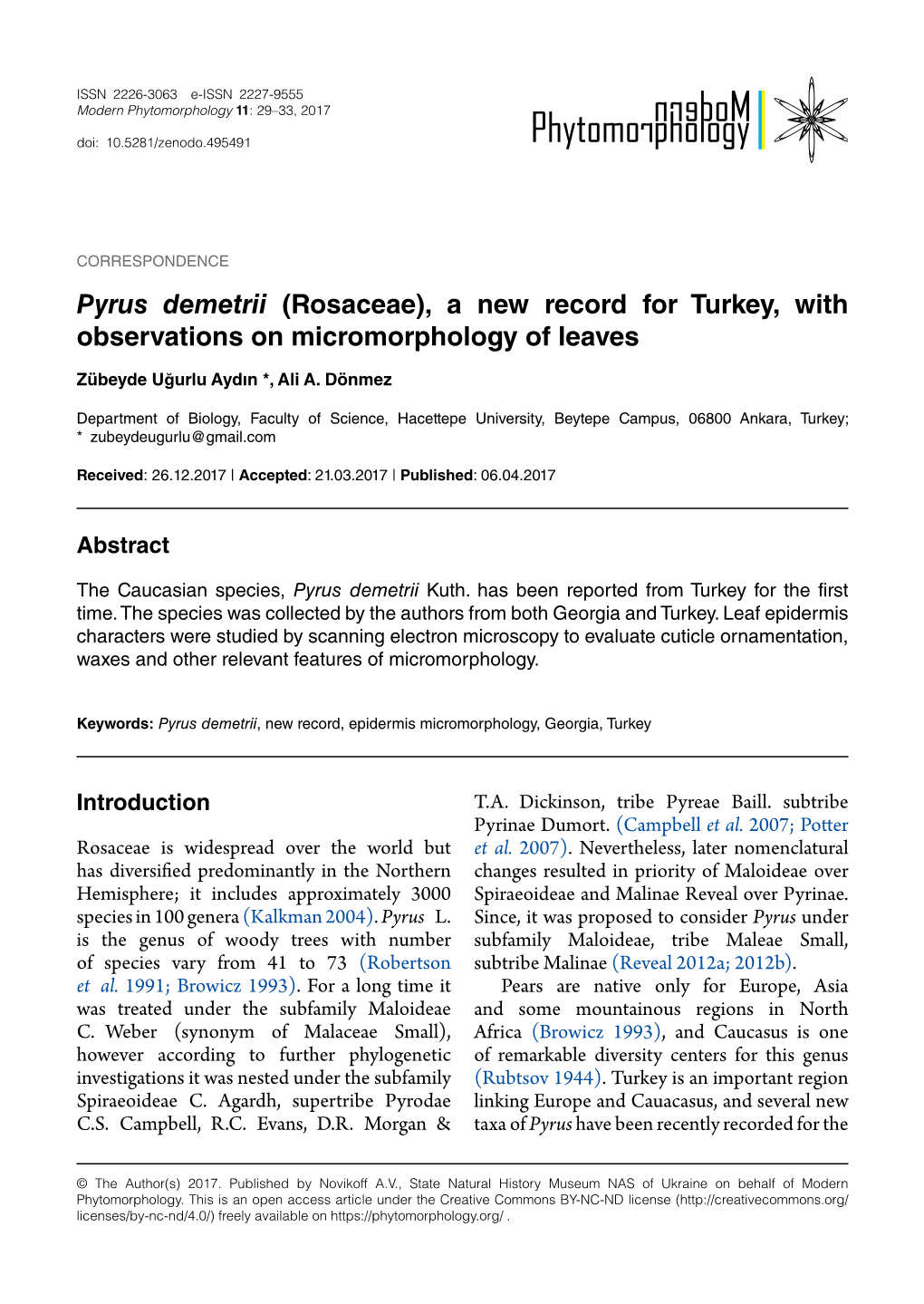 Pyrus Demetrii (Rosaceae), a New Record for Turkey, with Observations on Micromorphology of Leaves