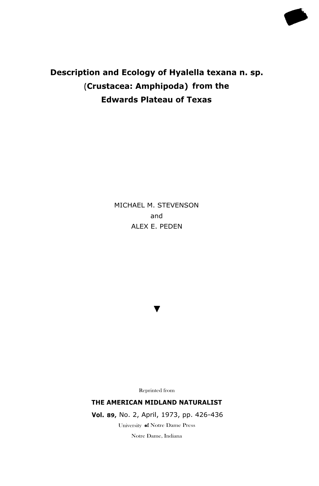 Description and Ecology of Hyalella Texana N. Sp. (Crustacea: Amphipoda) from the Edwards Plateau of Texas