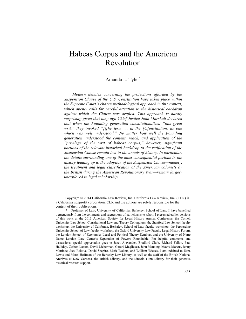 Habeas Corpus and the American Revolution