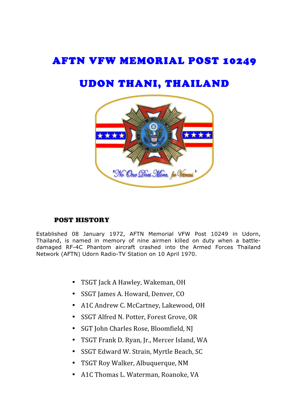 Aftn Vfw Memorial Post 10249 Udon Thani, Thailand