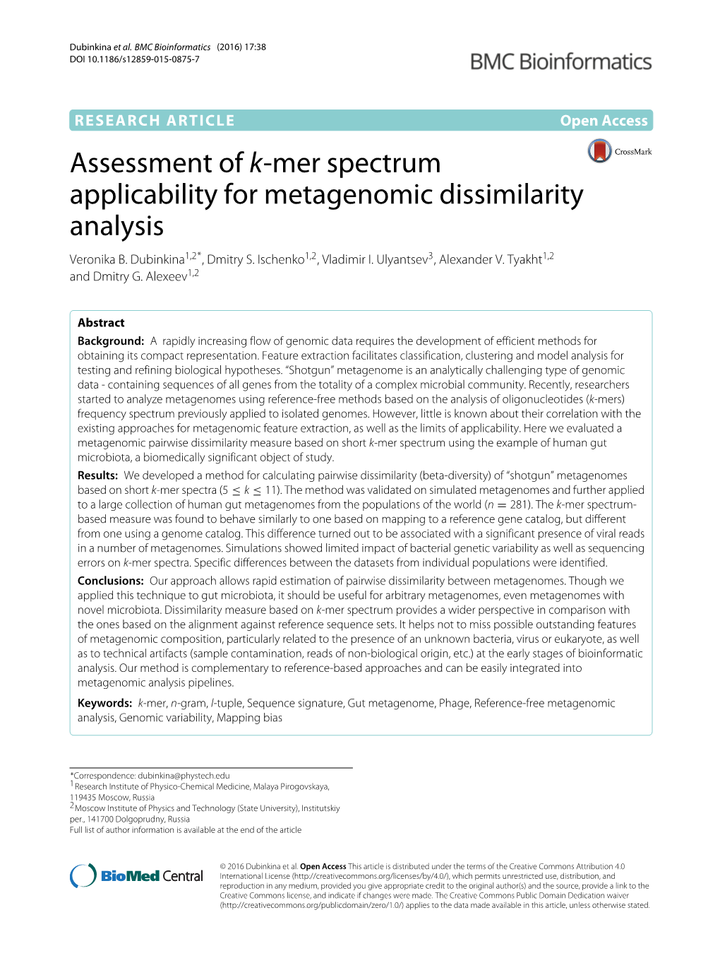 Assessment of K-Mer Spectrum Applicability for Metagenomic Dissimilarity Analysis Veronika B