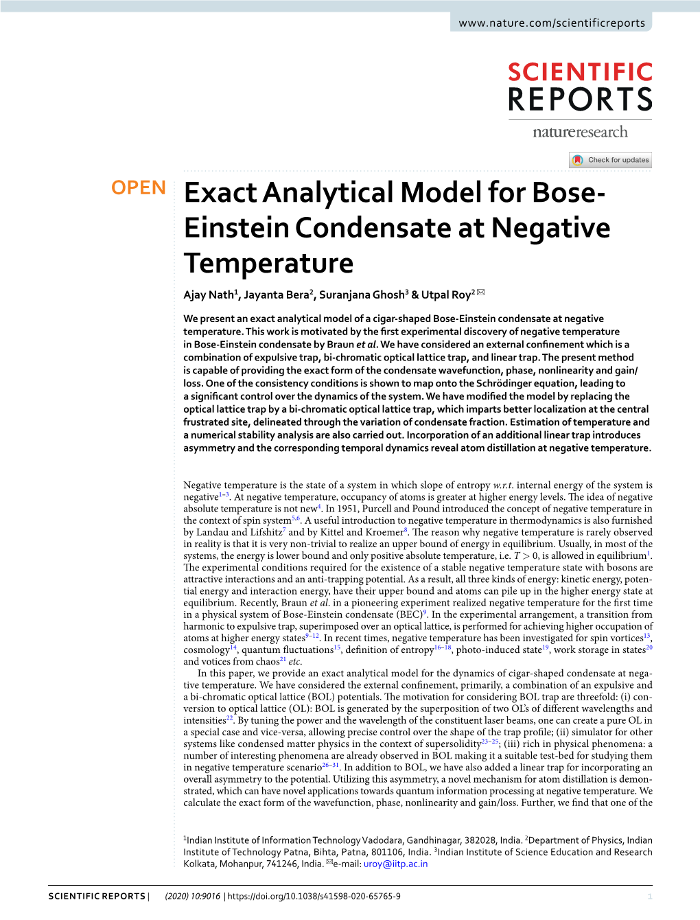 Exact Analytical Model for Bose-Einstein Condensate At