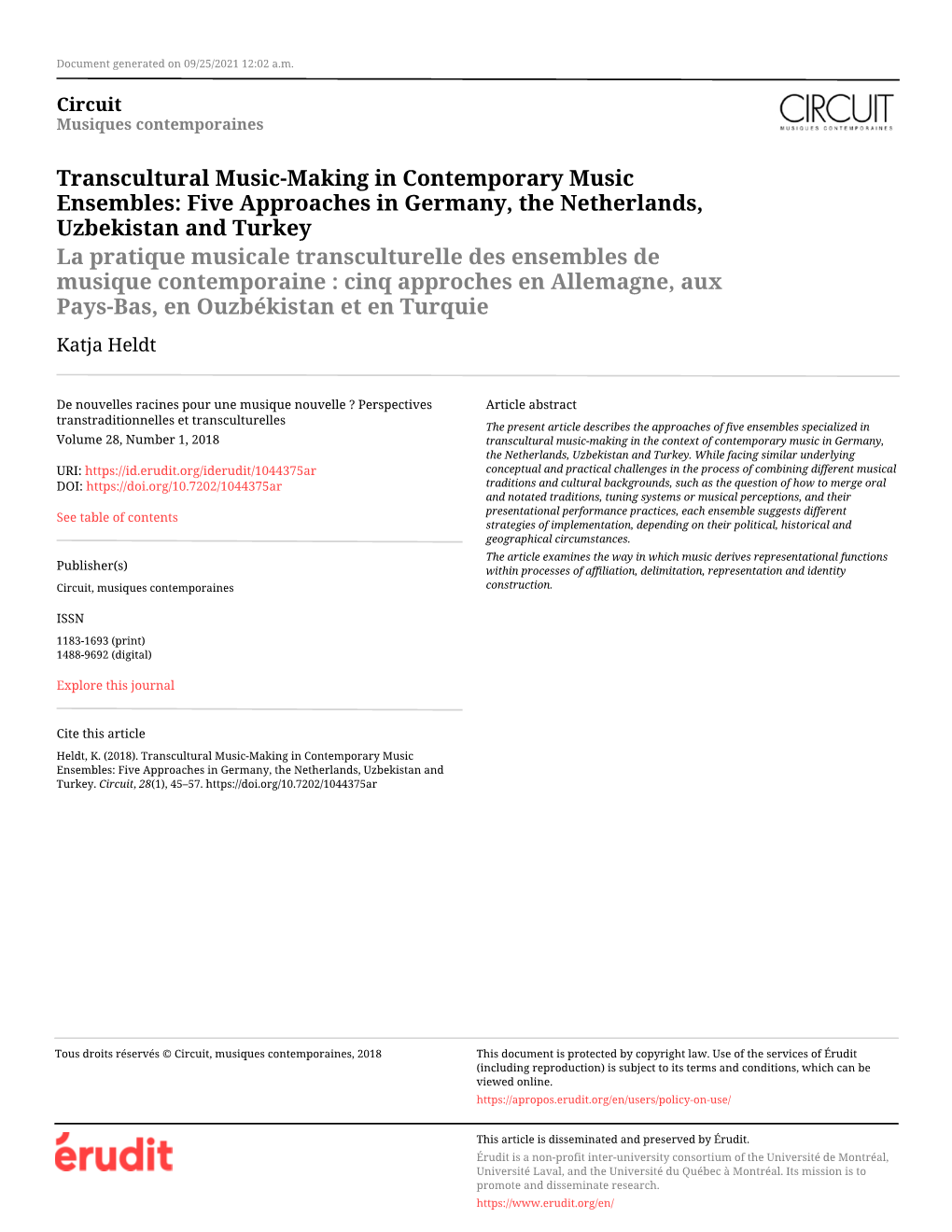 Transcultural Music-Making in Contemporary Music Ensembles: Five Approaches in Germany, the Netherlands, Uzbekistan and Turkey