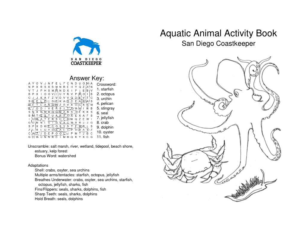 Aquatic Animal Activity Book San Diego Coastkeeper