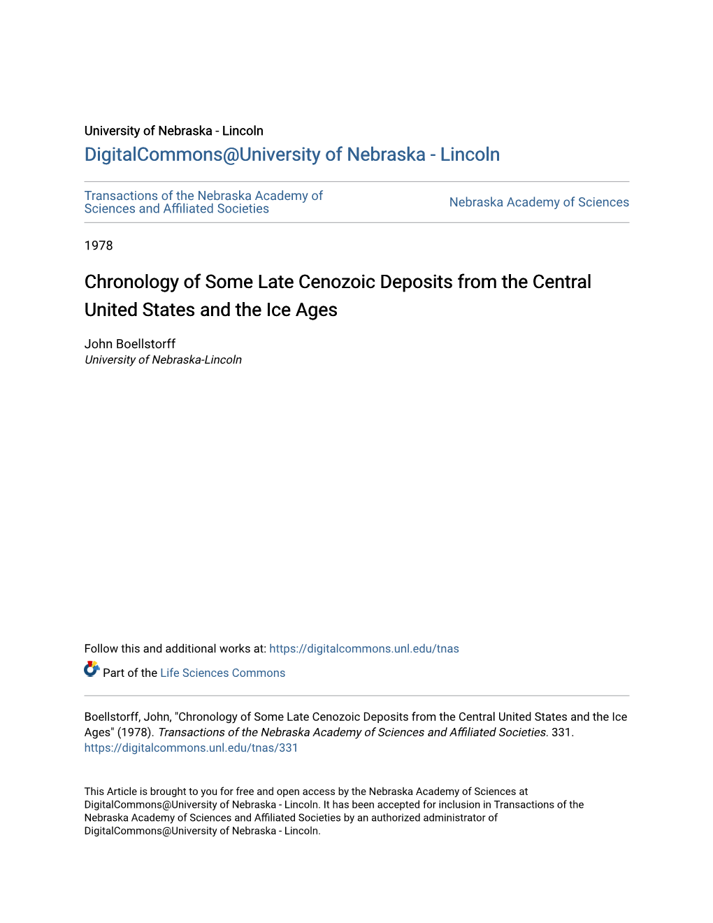 Chronology of Some Late Cenozoic Deposits from the Central United States and the Ice Ages