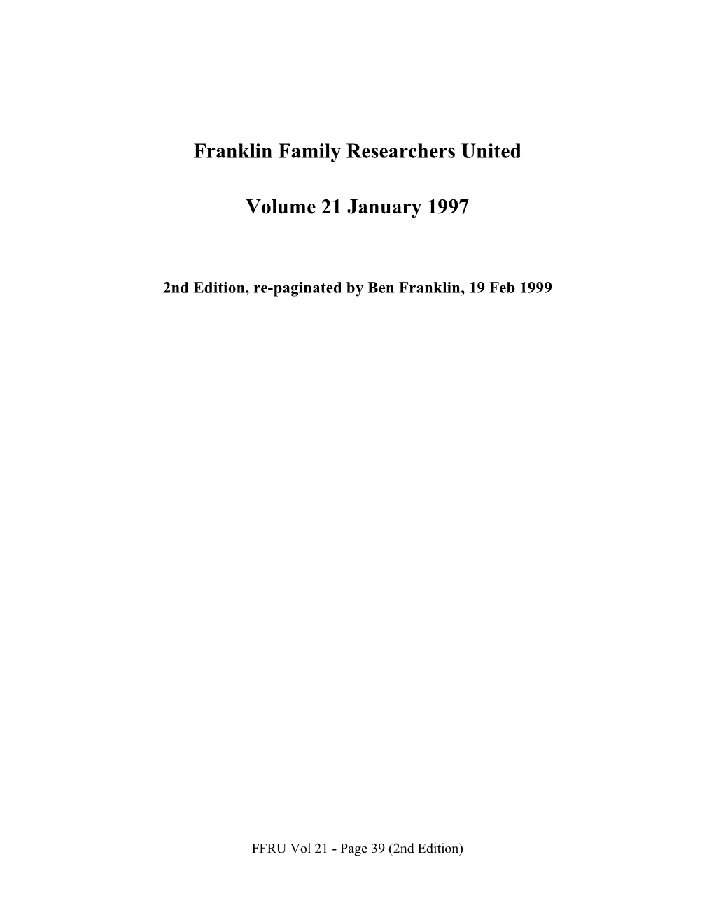 Franklin Family Researchers United Volume 21 January 1997