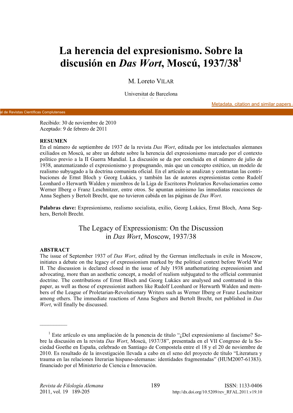 La Herencia Del Expresionismo. Sobre La Discusión En Das Wort, Moscú, 1937/381