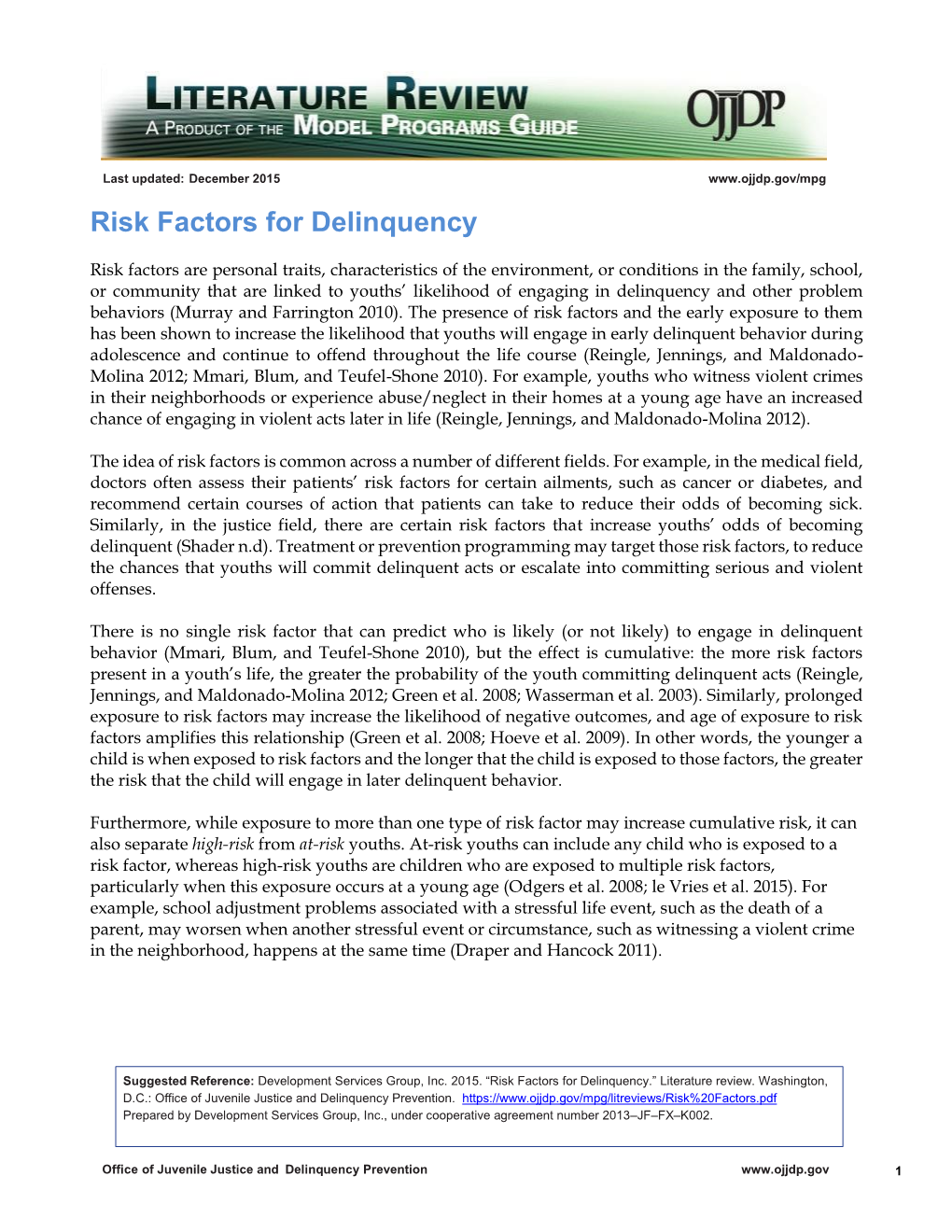 OJJDP MPG Literature Review: Risk Factors