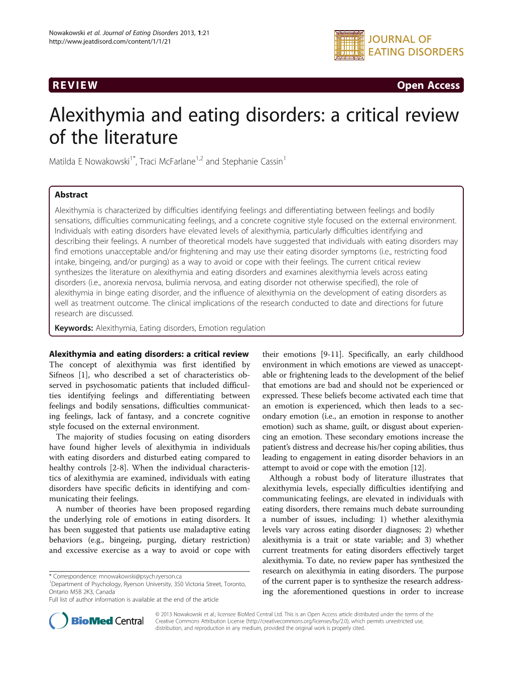 Alexithymia and Eating Disorders: a Critical Review of the Literature Matilda E Nowakowski1*, Traci Mcfarlane1,2 and Stephanie Cassin1