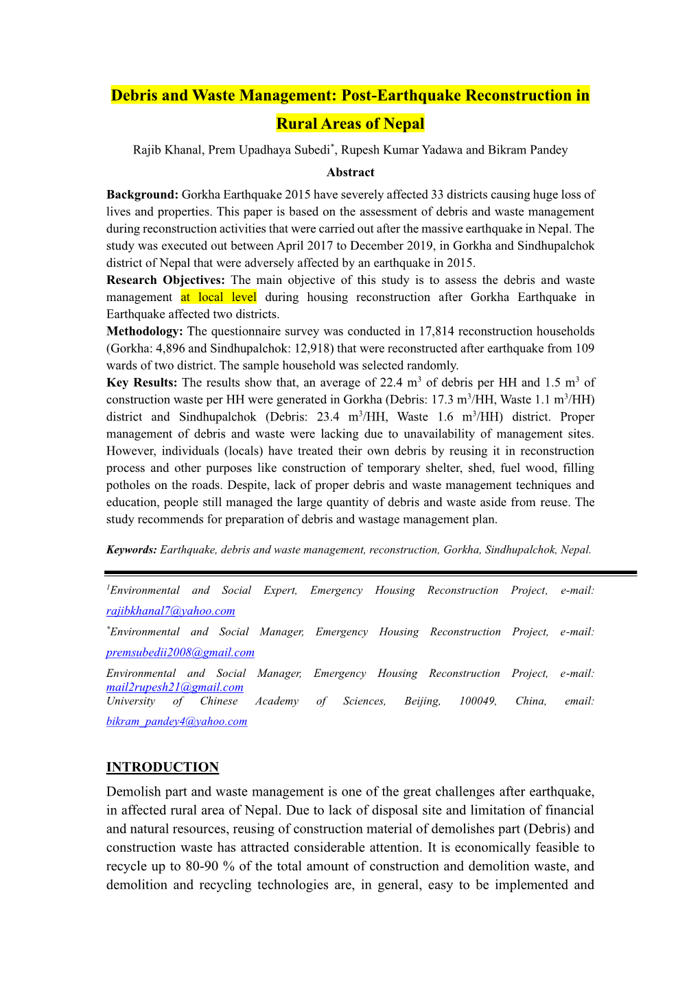 Debris and Waste Management: Post-Earthquake Reconstruction In