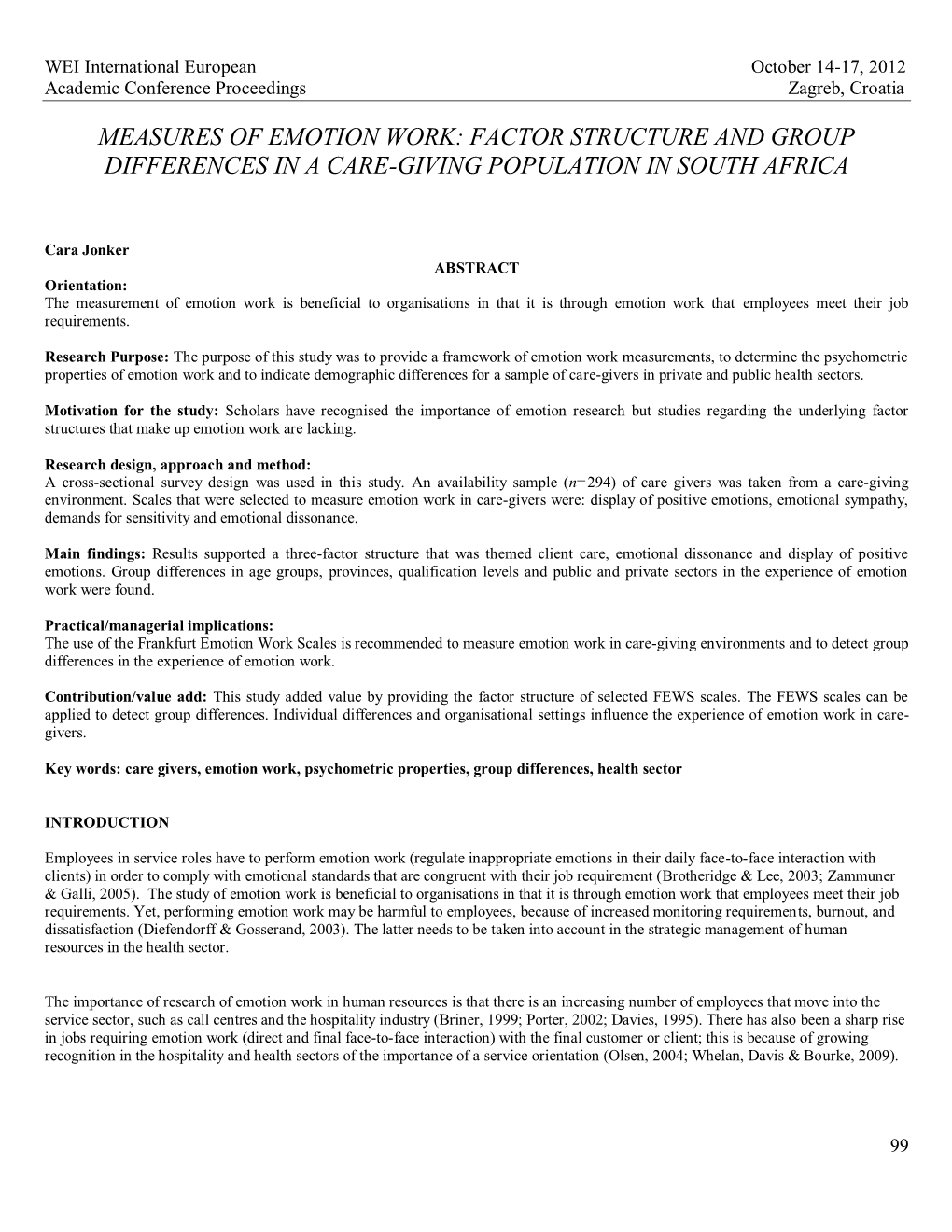 Measures of Emotion Work: Factor Structure and Group Differences in a Care-Giving Population in South Africa
