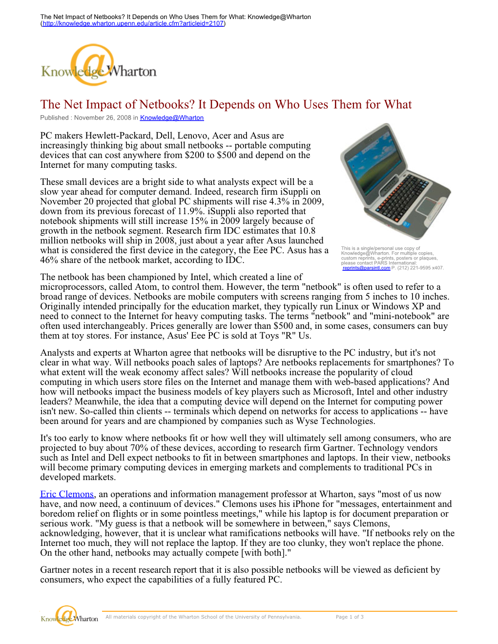 The Net Impact of Netbooks? It Depends on Who Uses Them for What: Knowledge@Wharton (