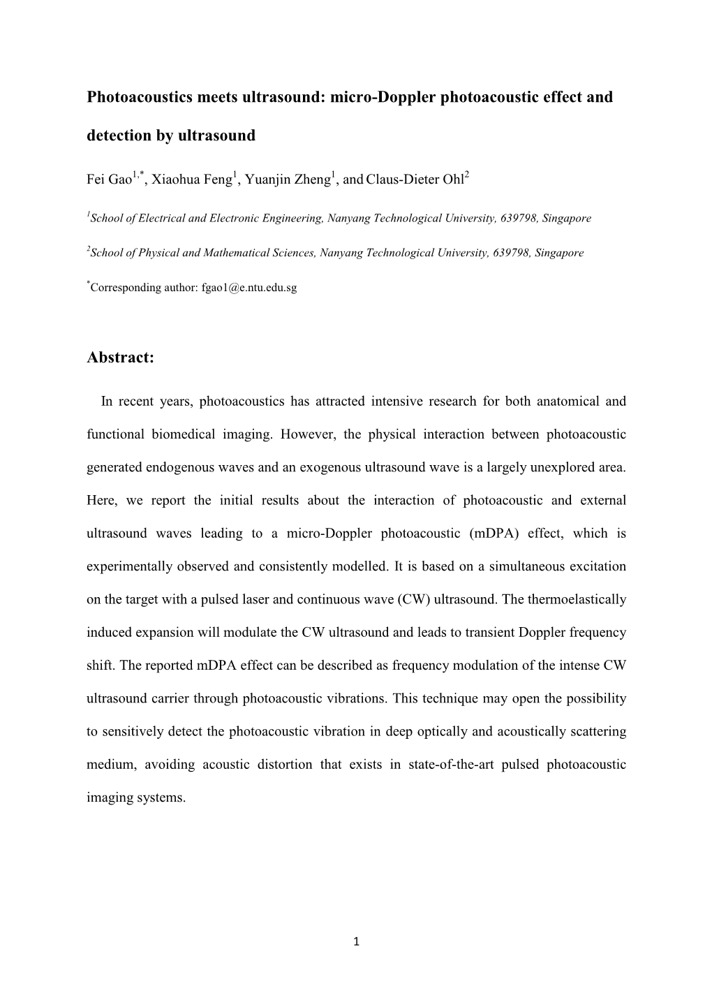 Micro-Doppler Photoacoustic Effect and Detection by Ultrasound Abstract