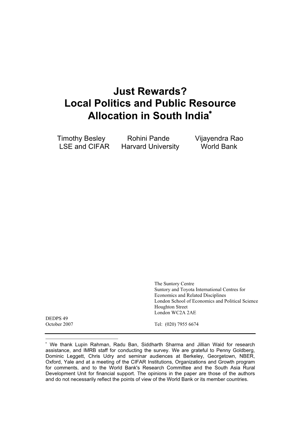 Local Politics and Public Resource Allocation in South India∗
