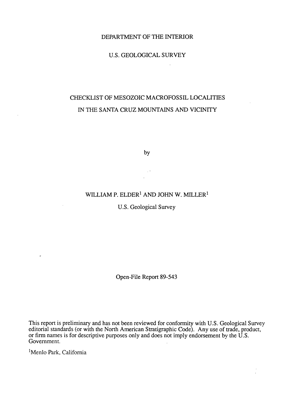 Department of the Interior U.S. Geological Survey Checklist of Mesozoic Macrofossdl Localities in the Santa Cruz Mountains and V