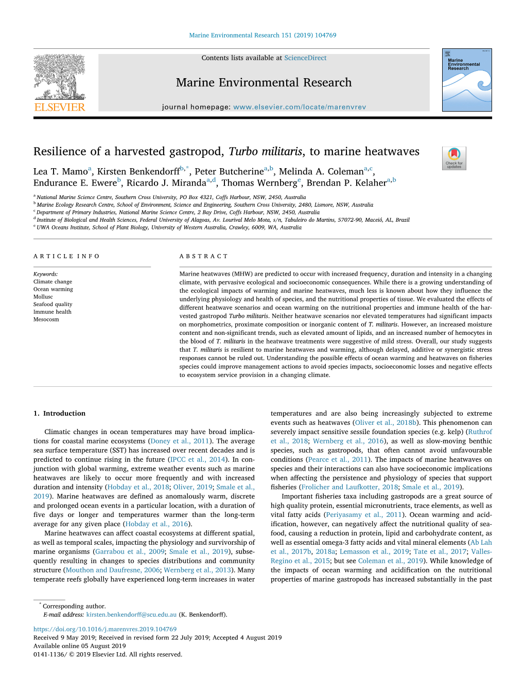 Resilience of a Harvested Gastropod, Turbo Militaris, to Marine Heatwaves T Lea T