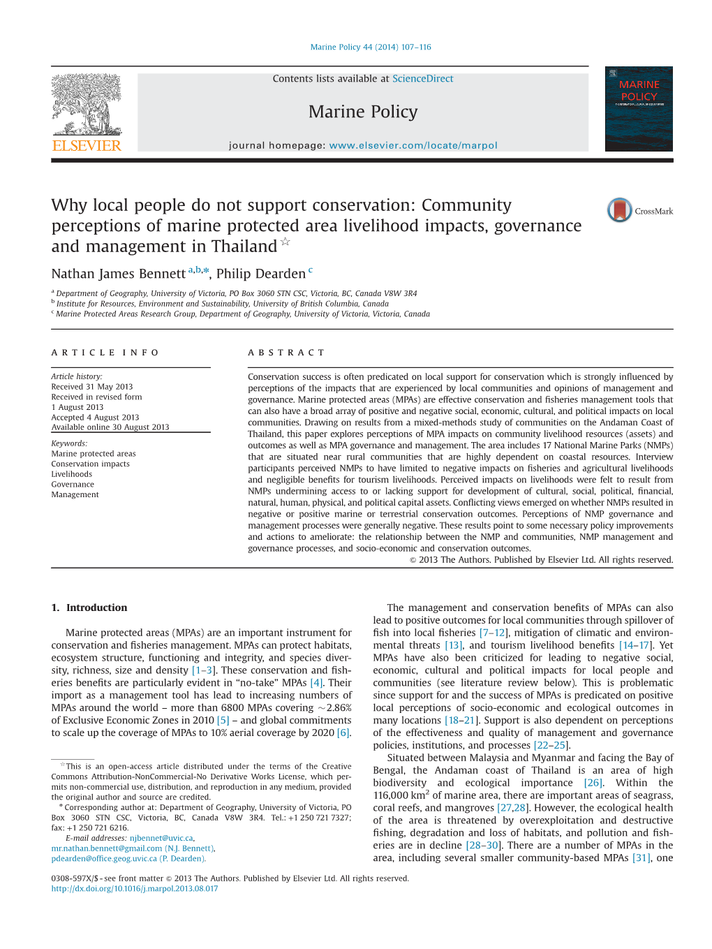 Community Perceptions of Marine Protected Area Livelihood Impacts, Governance and Management in Thailand$