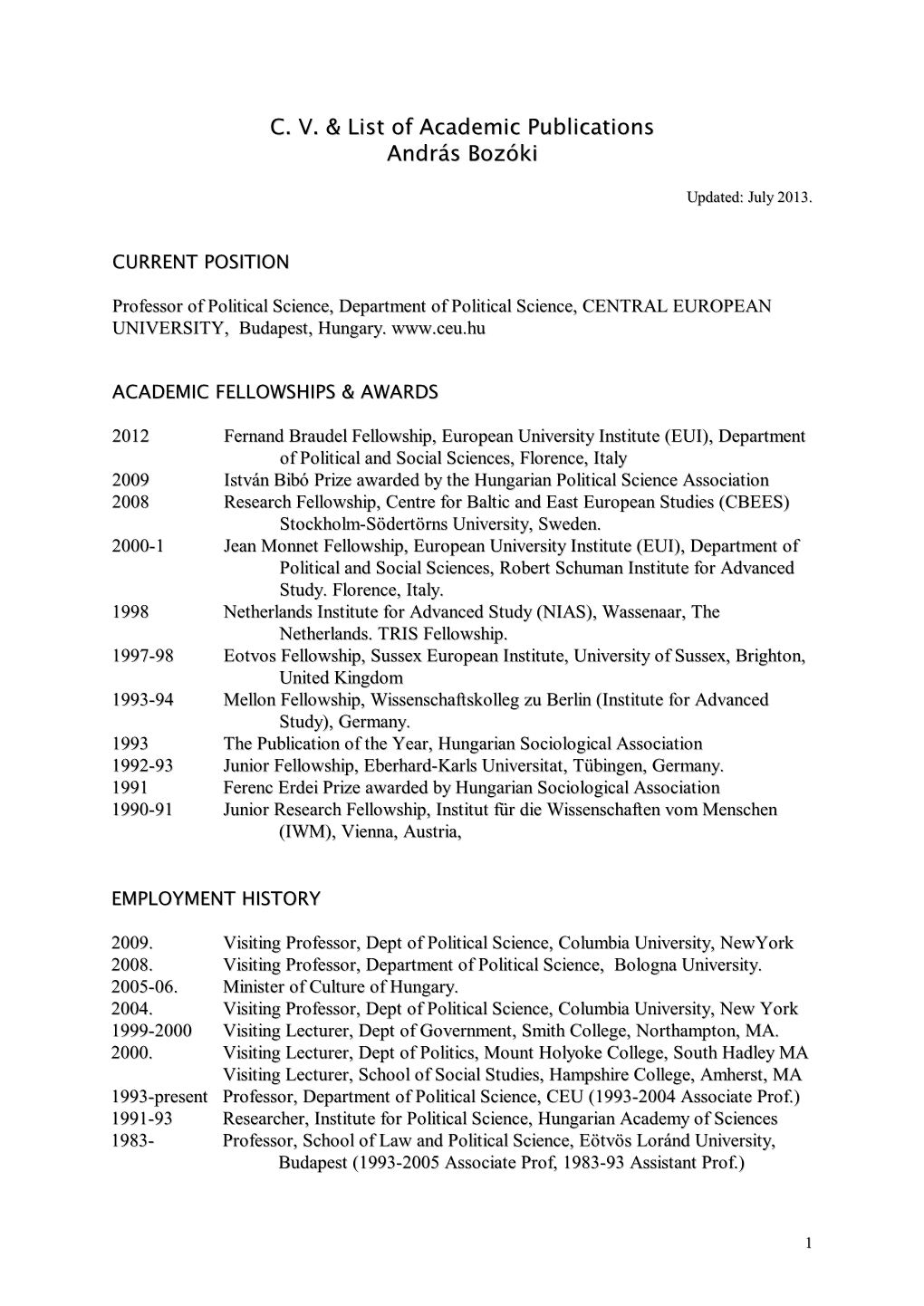 CV & List of Academic Publications András Bozóki