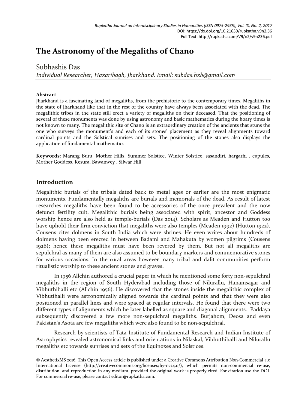 The Astronomy of the Megaliths of Chano