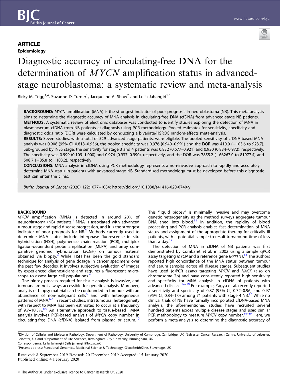 Diagnostic Accuracy of Circulating-Free DNA for the Determination of MYCN Ampliﬁcation Status in Advanced- Stage Neuroblastoma: a Systematic Review and Meta-Analysis
