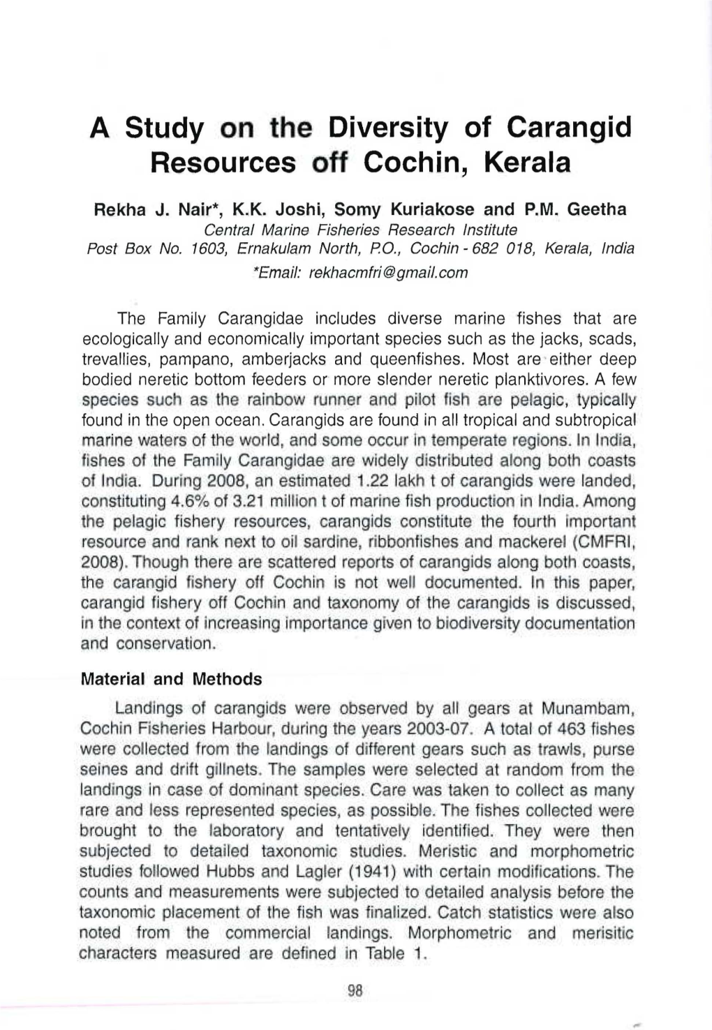 A Study on the Diversity of Carangid Resources Off Cochin, Kerala