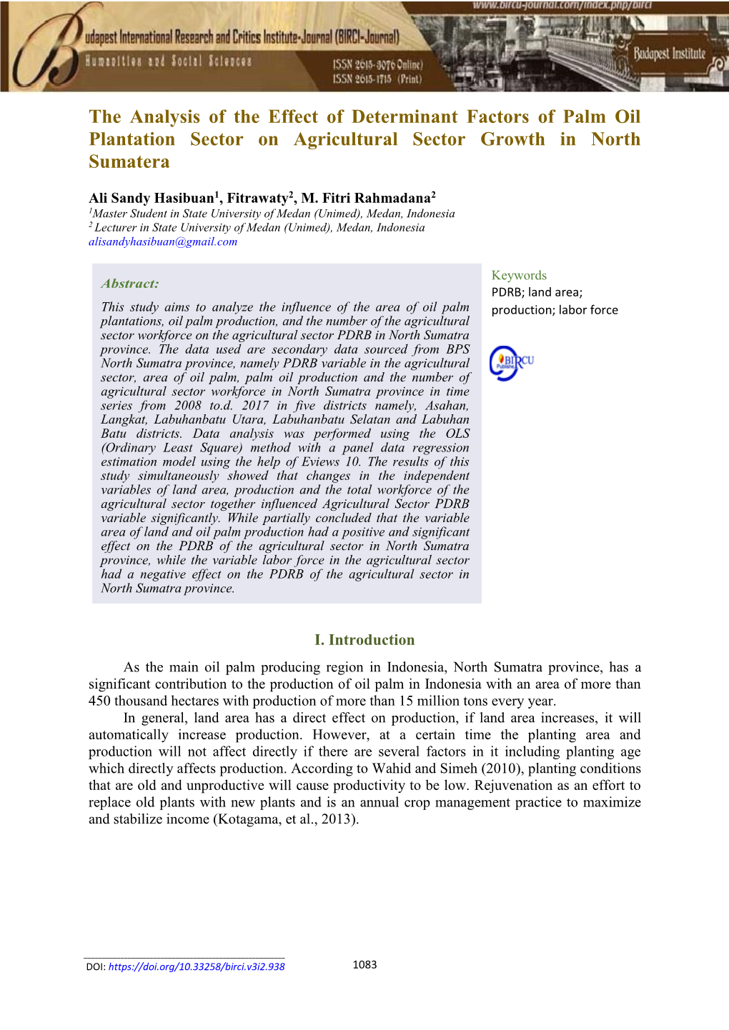 The Analysis of the Effect of Determinant Factors of Palm Oil Plantation Sector on Agricultural Sector Growth in North Sumatera