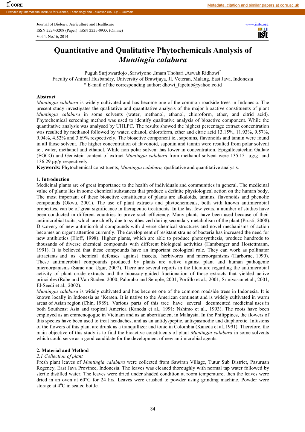 Quantitative and Qualitative Phytochemicals Analysis of Muntingia Calabura