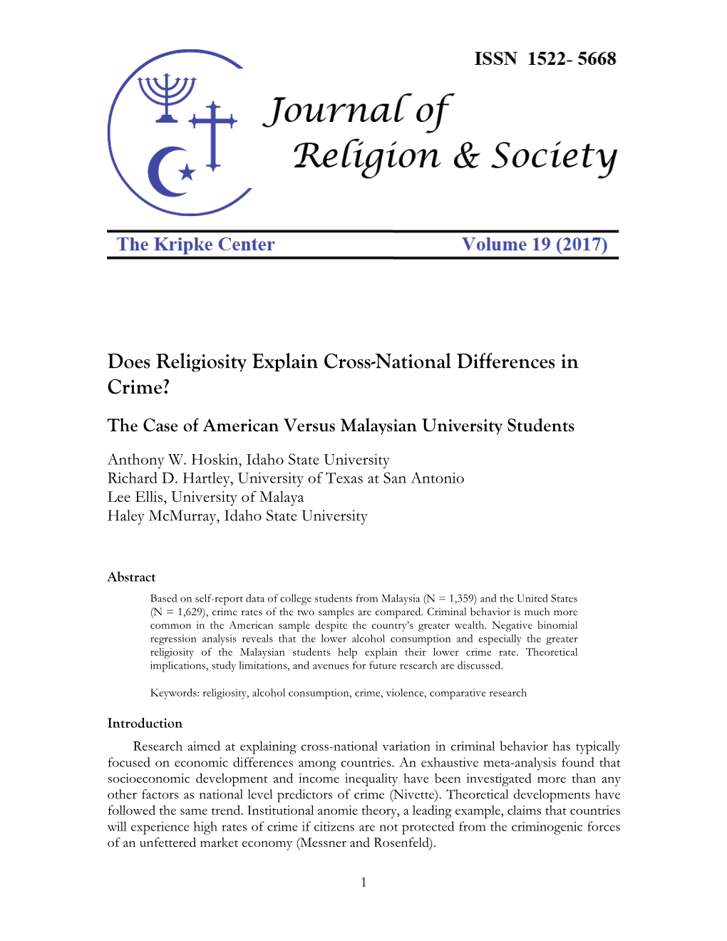Does Religiosity Explain Cross-National Differences in Crime? the Case of American Versus Malaysian University Students Anthony W