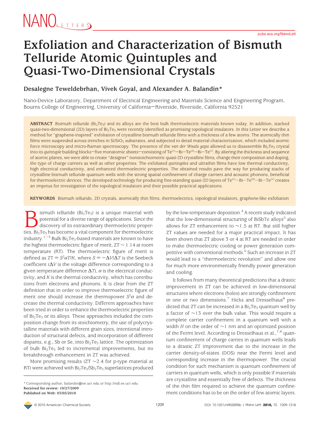 Exfoliation and Characterization of Bismuth Telluride Atomic Quintuples and Quasi-Two-Dimensional Crystals