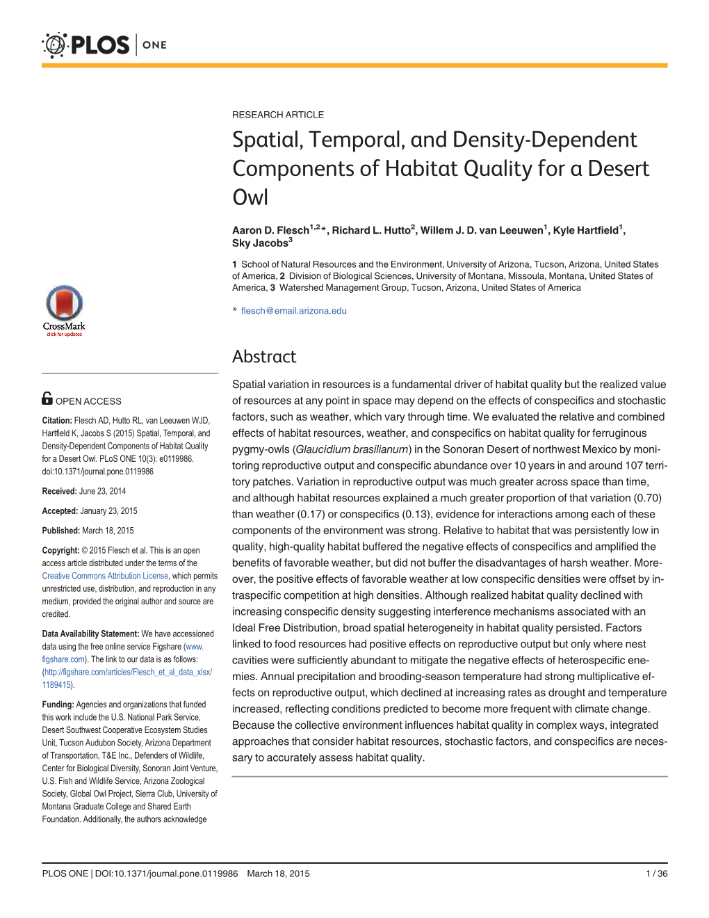 Spatial, Temporal, and Density-Dependent Components of Habitat Quality for a Desert Owl