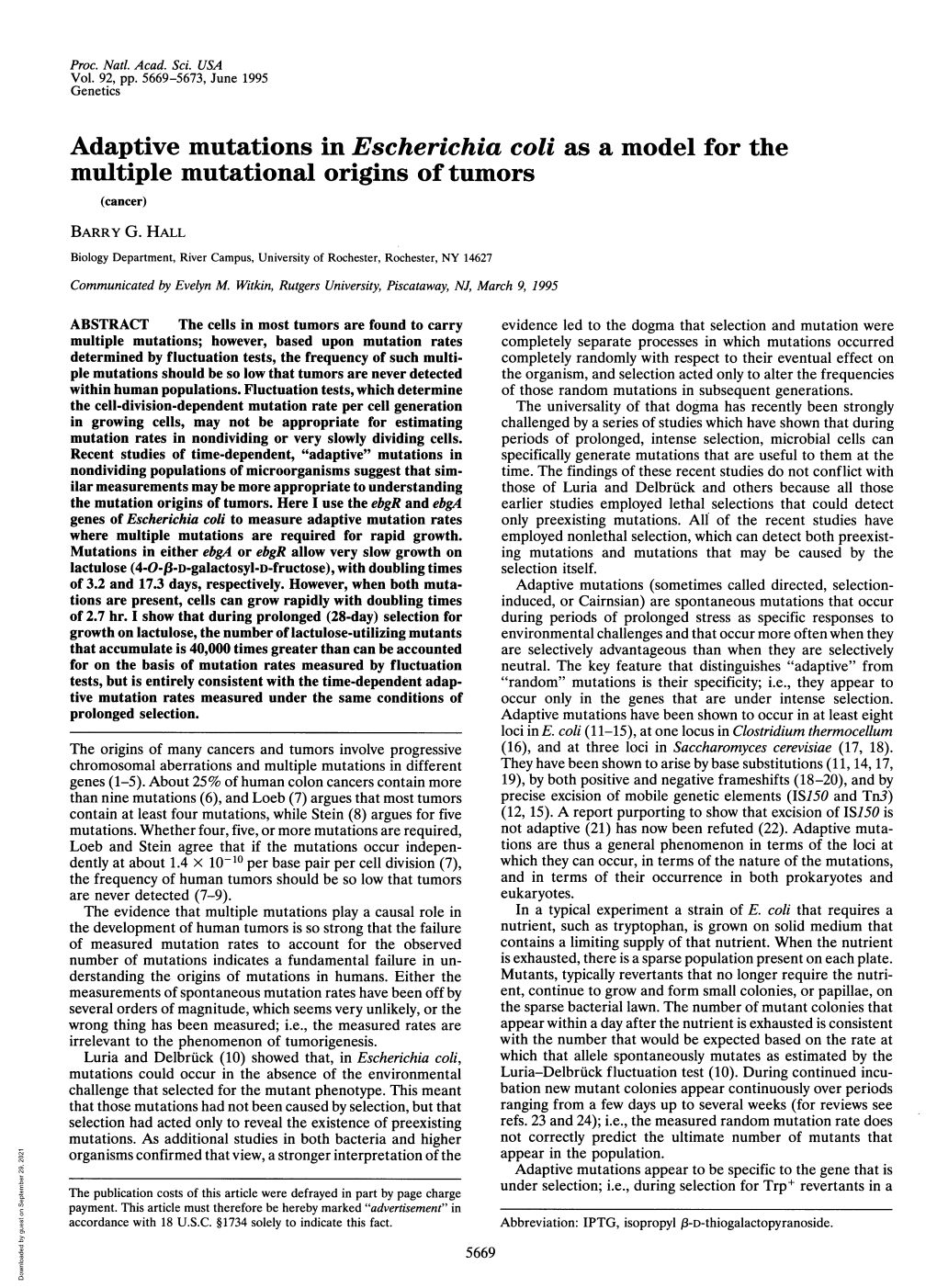 Adaptive Mutations in Escherichia Coli As a Model for the Multiple Mutational Origins Oftumors