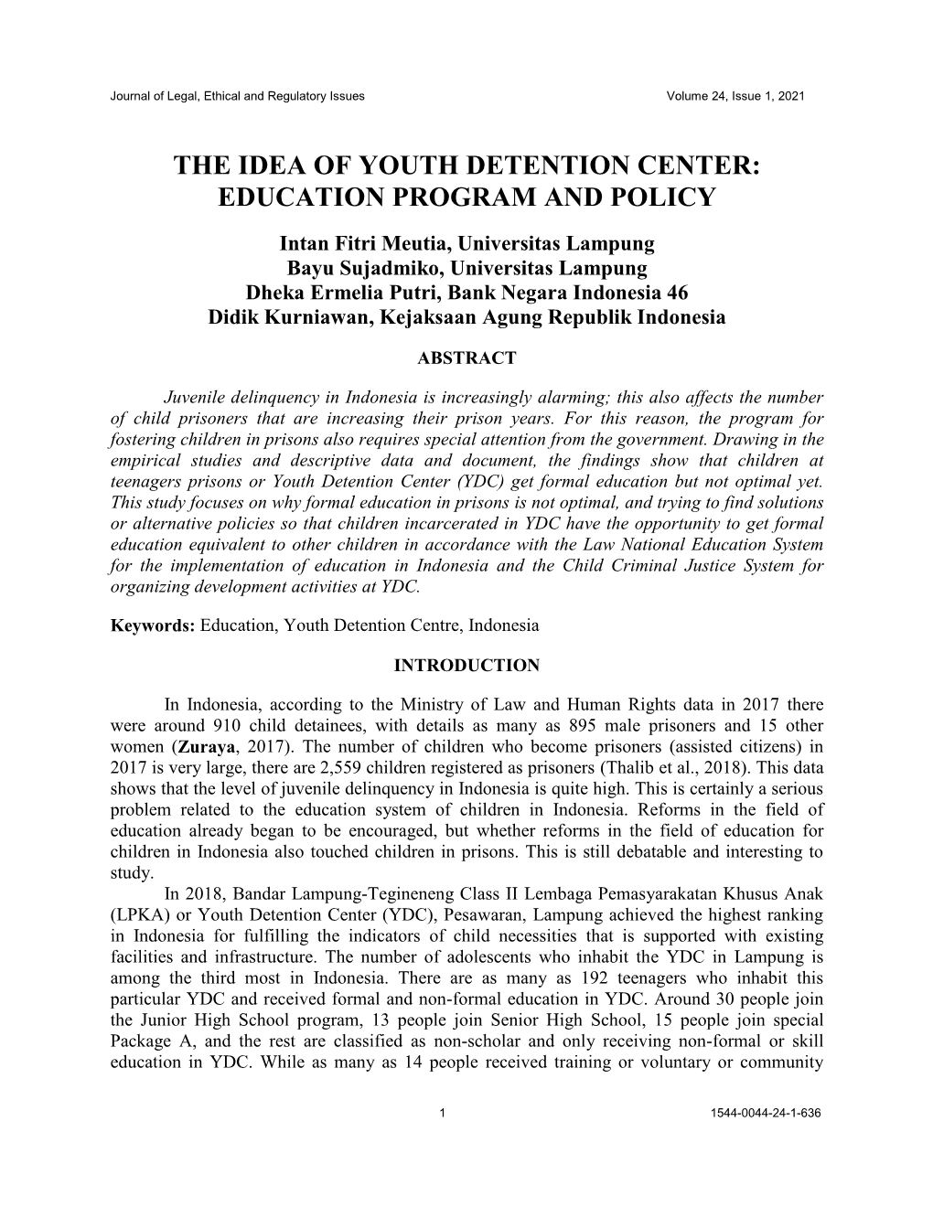 The Idea of Youth Detention Center: Education Program and Policy