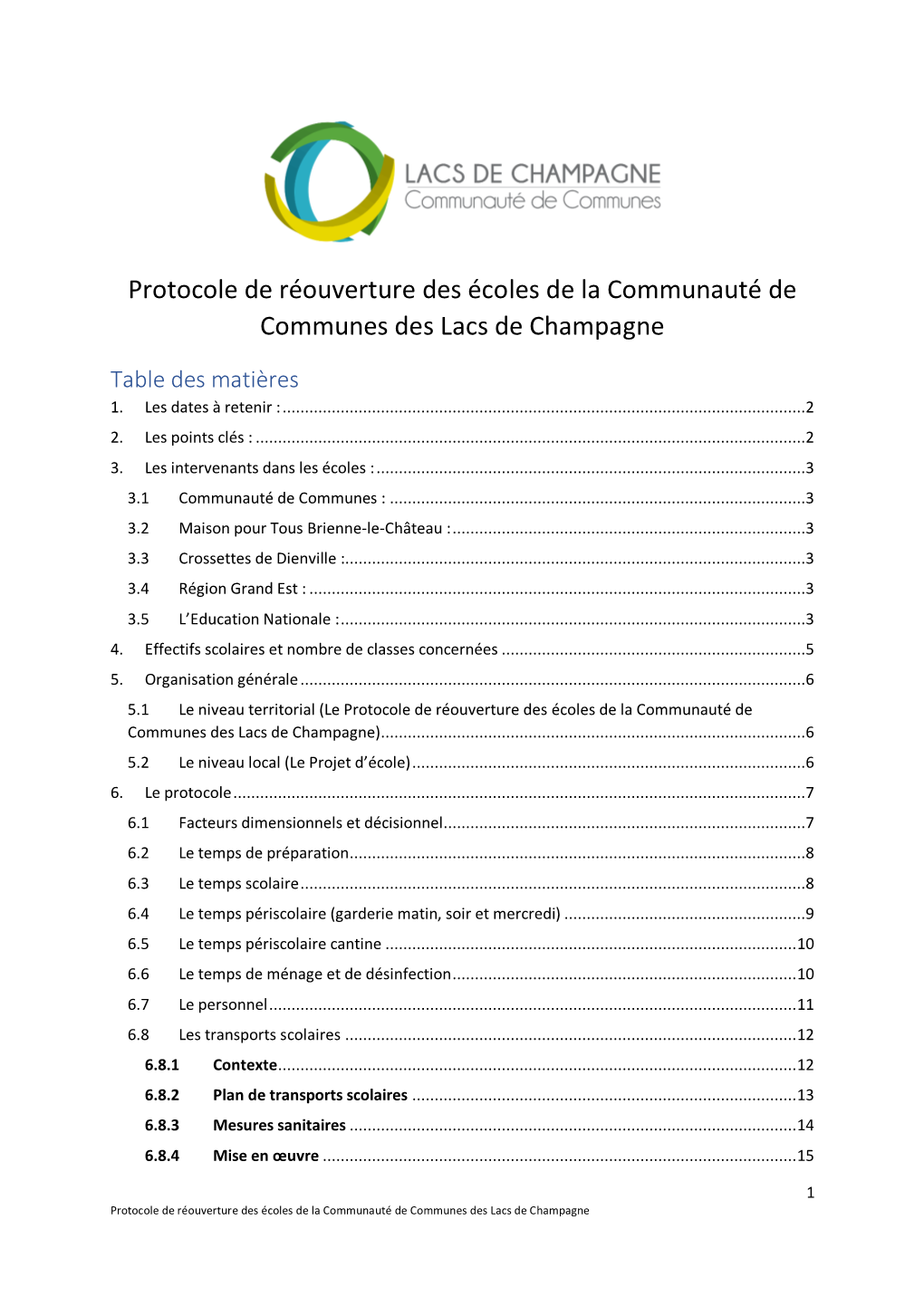 Protocole De Réouverture Des Écoles De La Communauté De Communes Des Lacs De Champagne