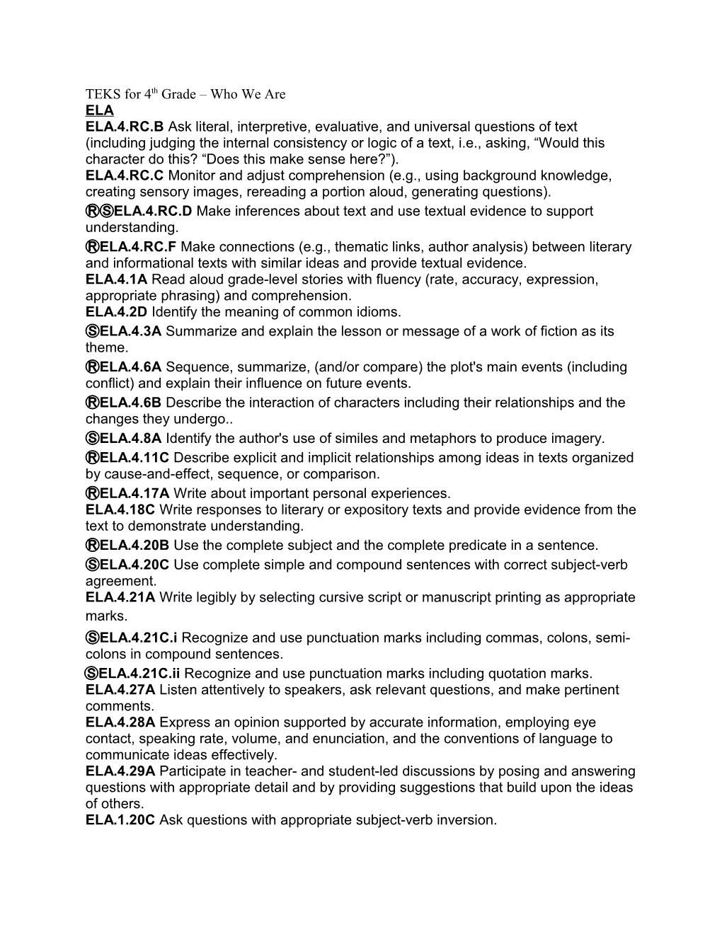 TEKS for 4Th Grade Who We Are