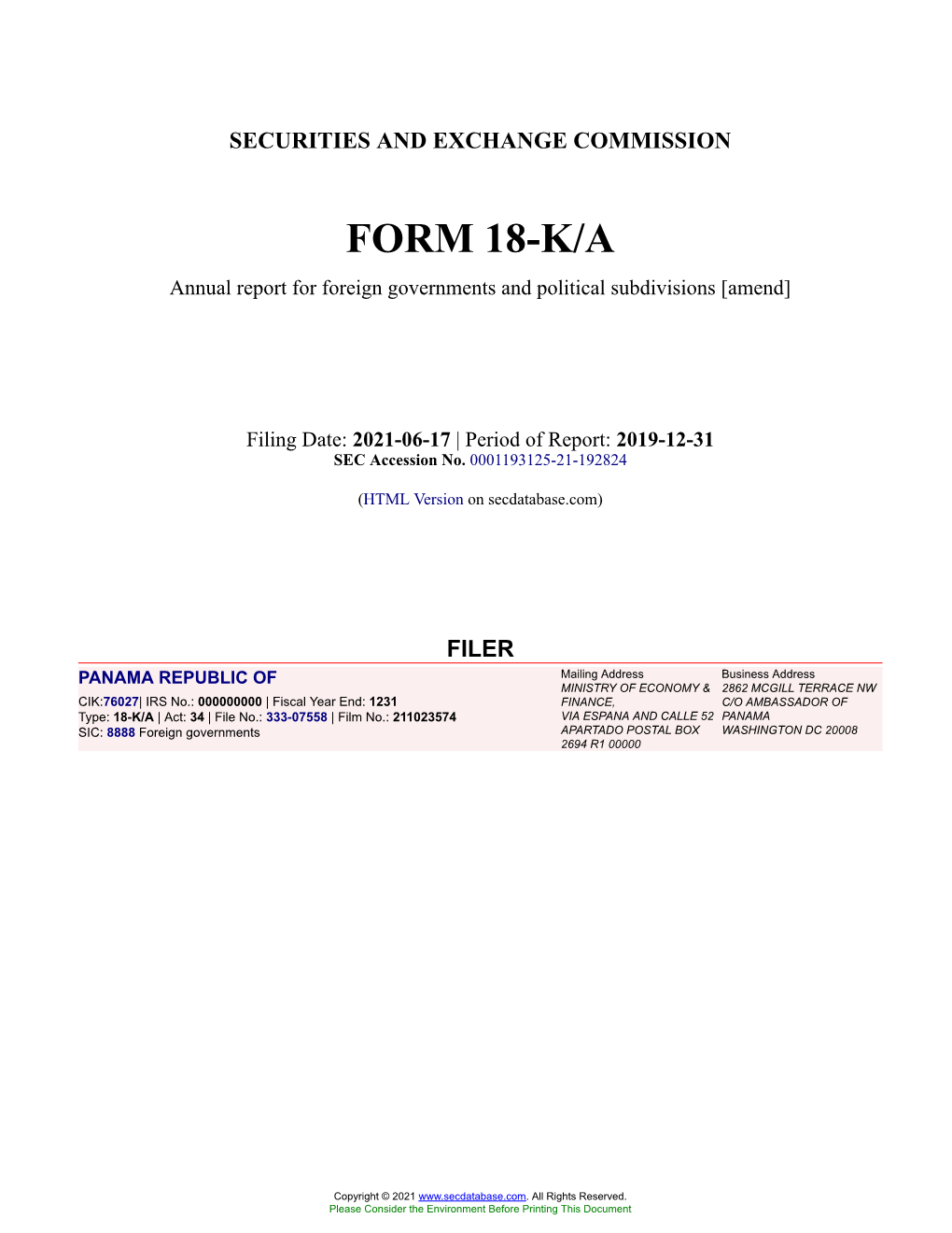 PANAMA REPUBLIC of Form 18-K/A Filed 2021-06-17