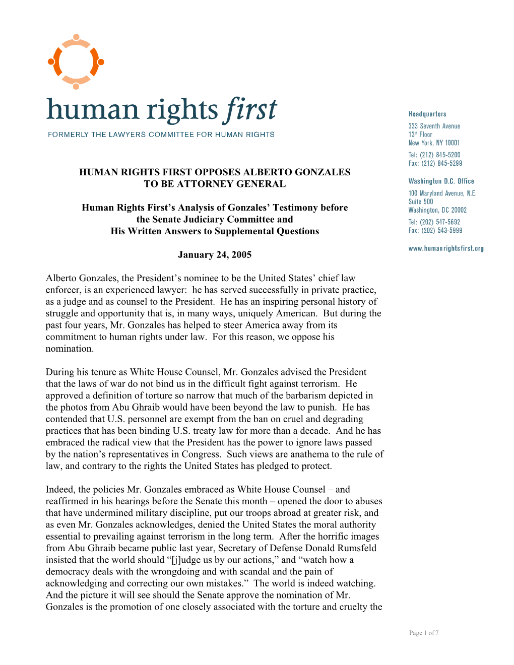 Human Rights First's Analysis of Gonzales' Testimony Before the Senate Judiciary Committee