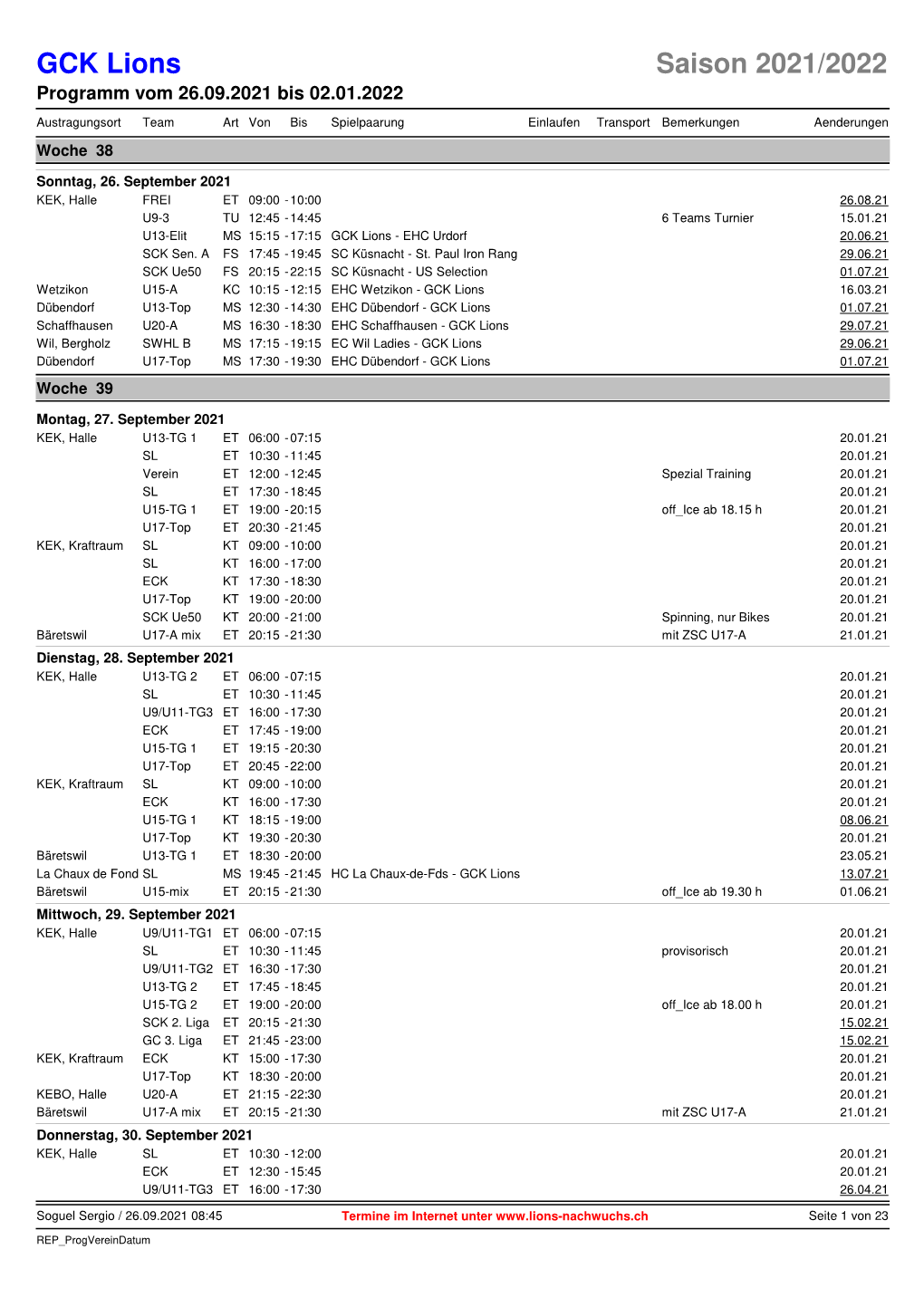 GCK Lions Saison 2021/2022 Programm Vom 26.09.2021 Bis 02.01.2022