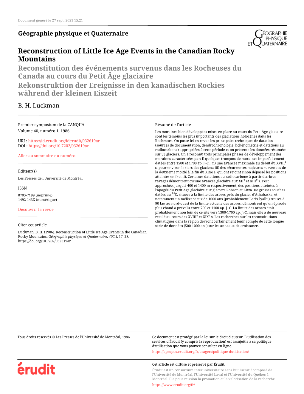 Reconstruction of Little Ice Age Events in the Canadian Rocky Mountains