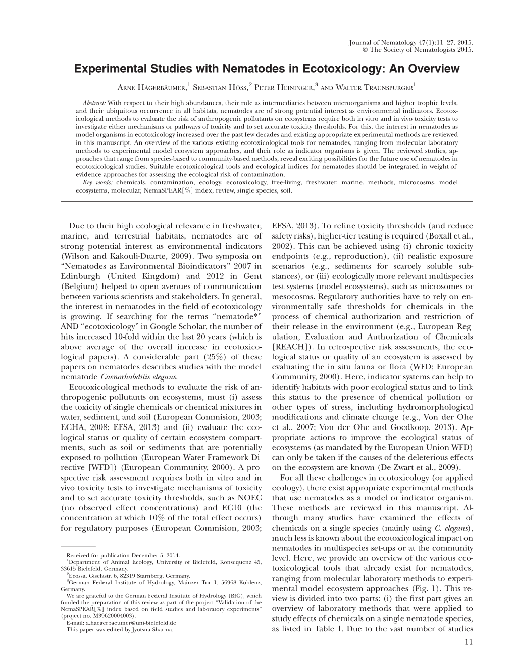 Experimental Studies with Nematodes in Ecotoxicology: an Overview