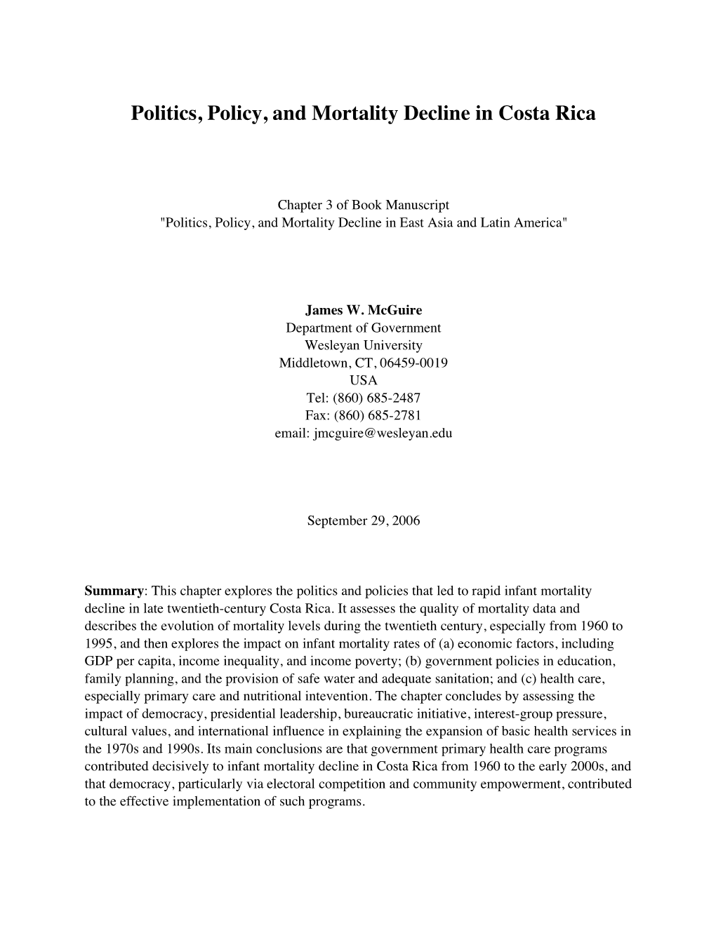 Politics, Policy, and Mortality Decline in Costa Rica