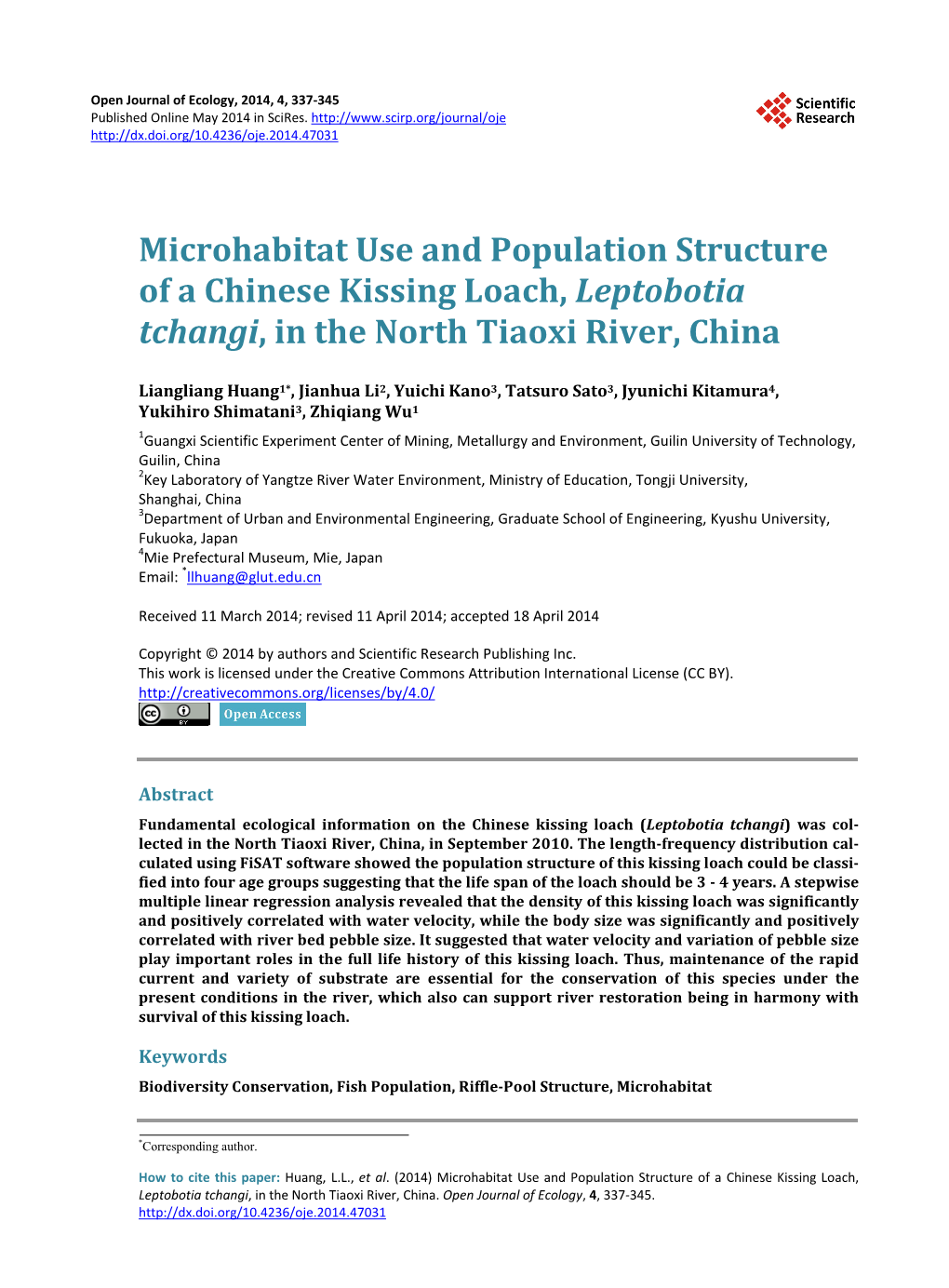 Microhabitat Use and Population Structure of a Chinese Kissing Loach, Leptobotia Tchangi, in the North Tiaoxi River, China