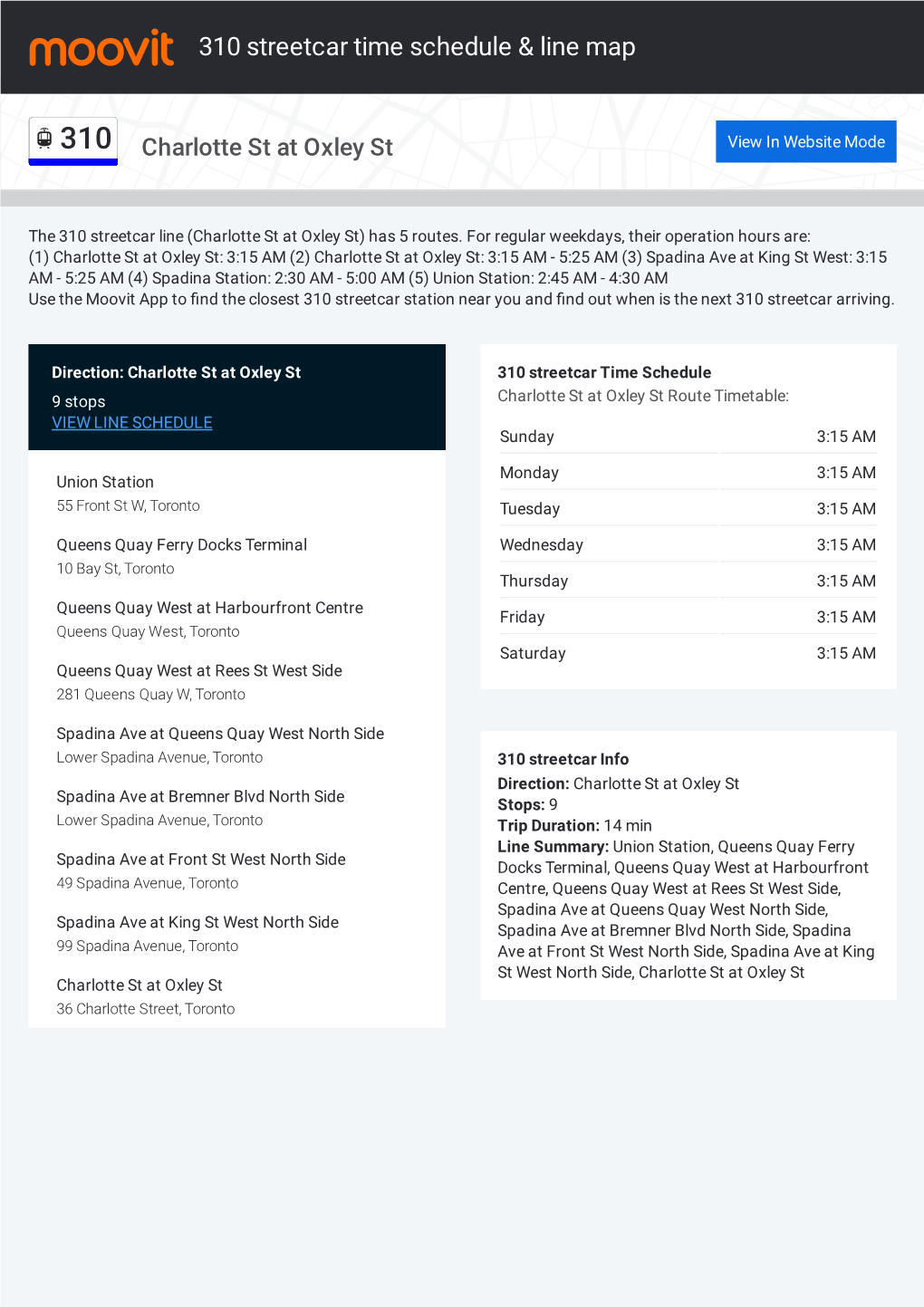 310 Streetcar Time Schedule & Line Route