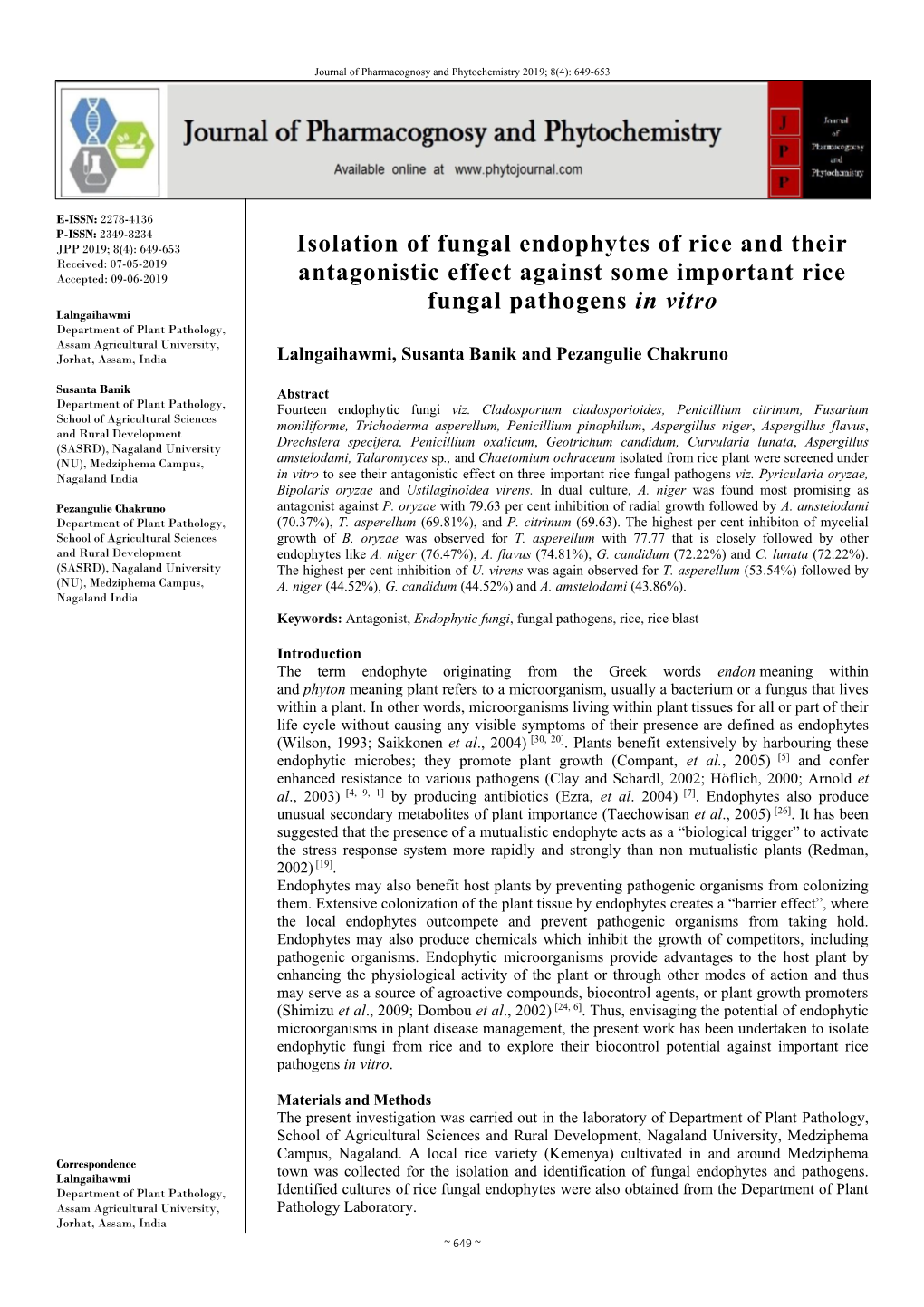 Isolation of Fungal Endophytes of Rice and Their Antagonistic Effect Against