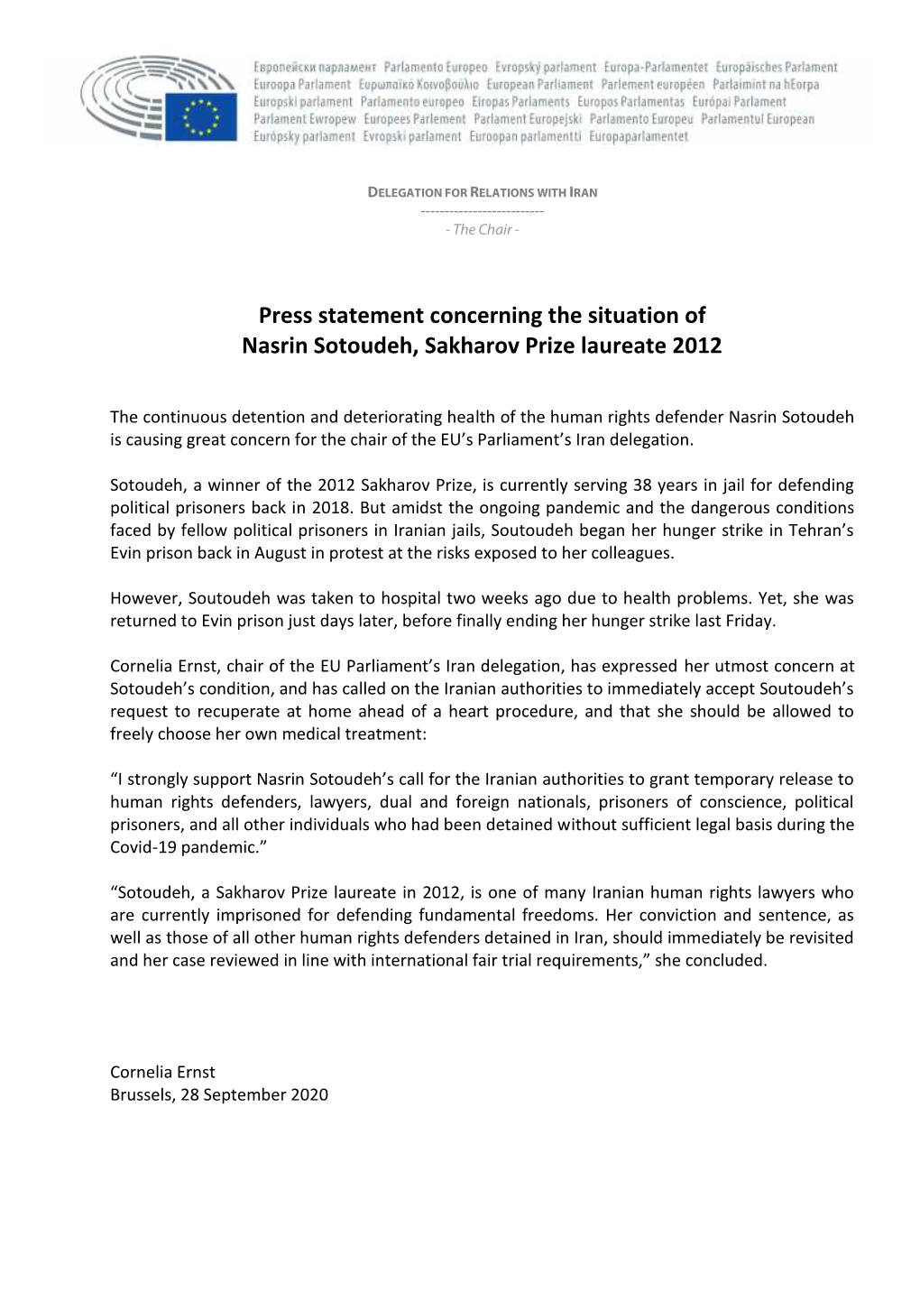 Press Statement Concerning the Situation of Nasrin Sotoudeh, Sakharov Prize Laureate 2012