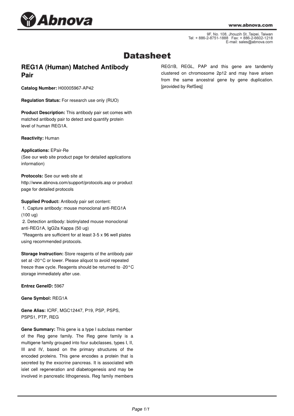 REG1A (Human) Matched Antibody Pair