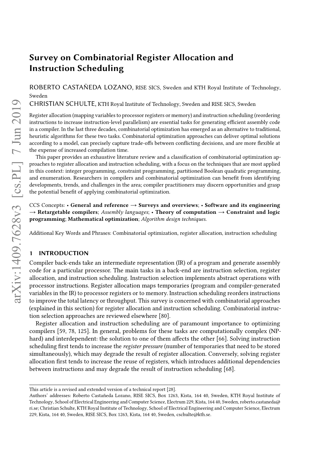 Survey on Combinatorial Register Allocation and Instruction Scheduling