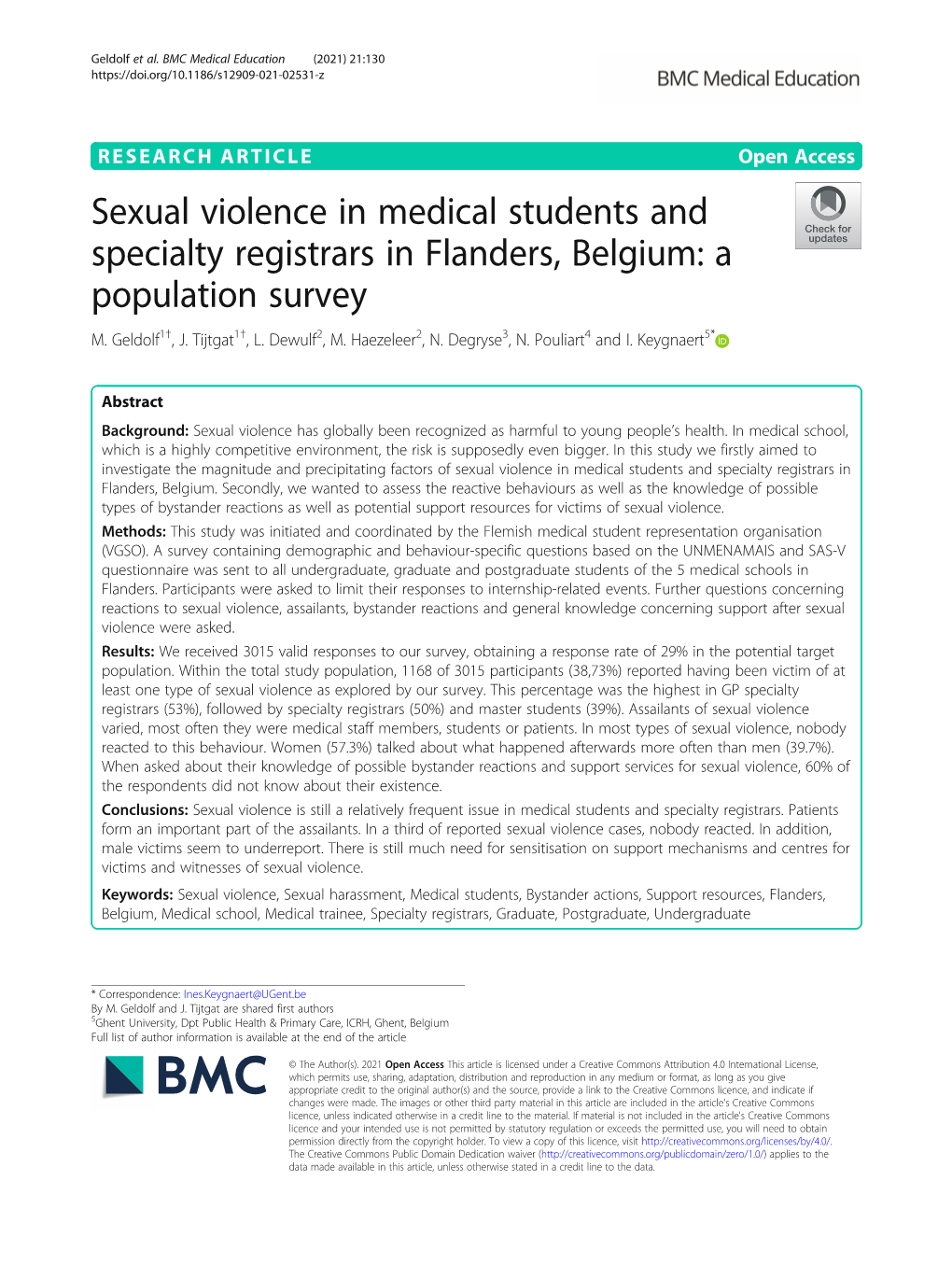 Sexual Violence in Medical Students and Specialty Registrars in Flanders, Belgium: a Population Survey M