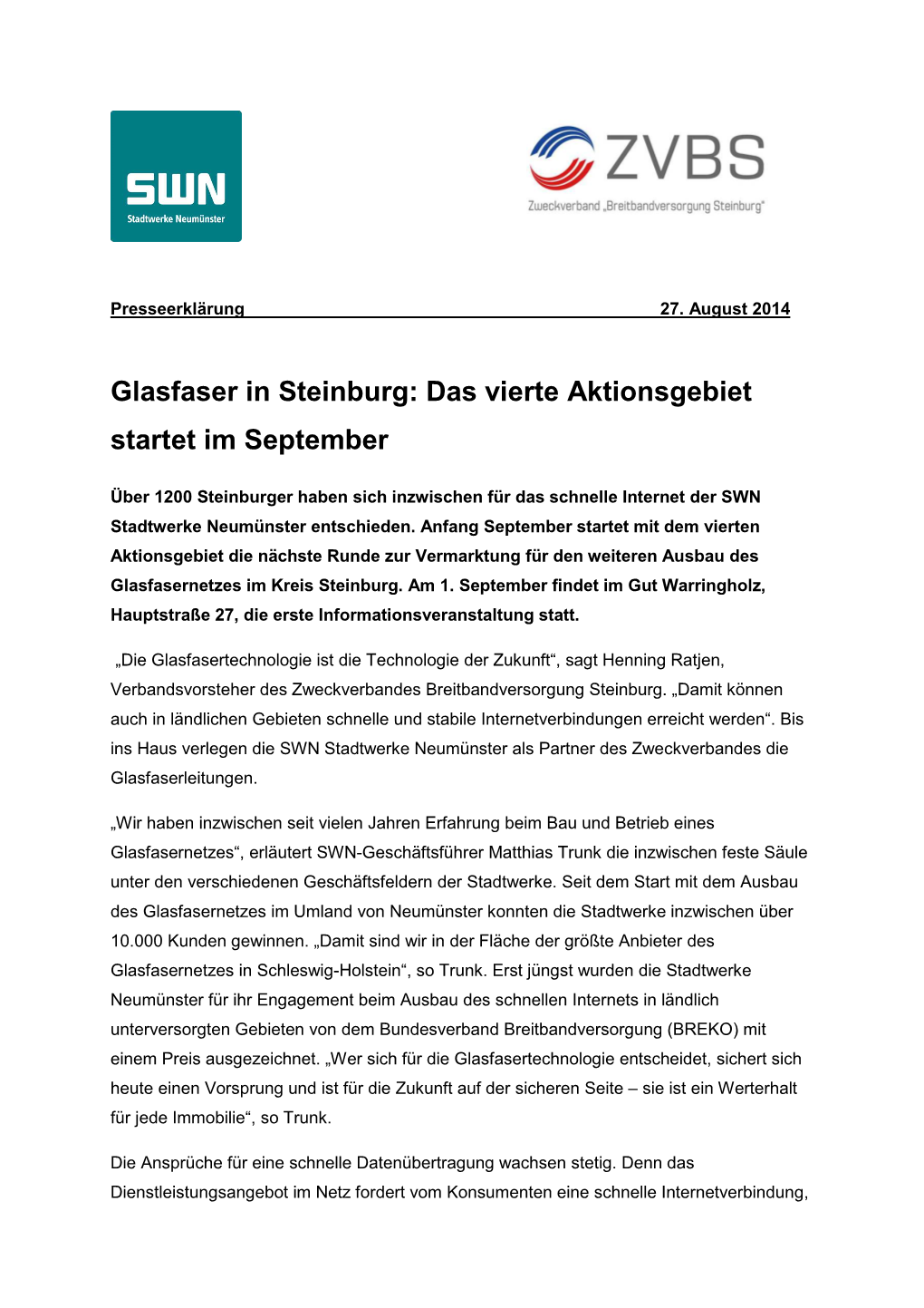 Glasfaser in Steinburg: Das Vierte Aktionsgebiet Startet Im September